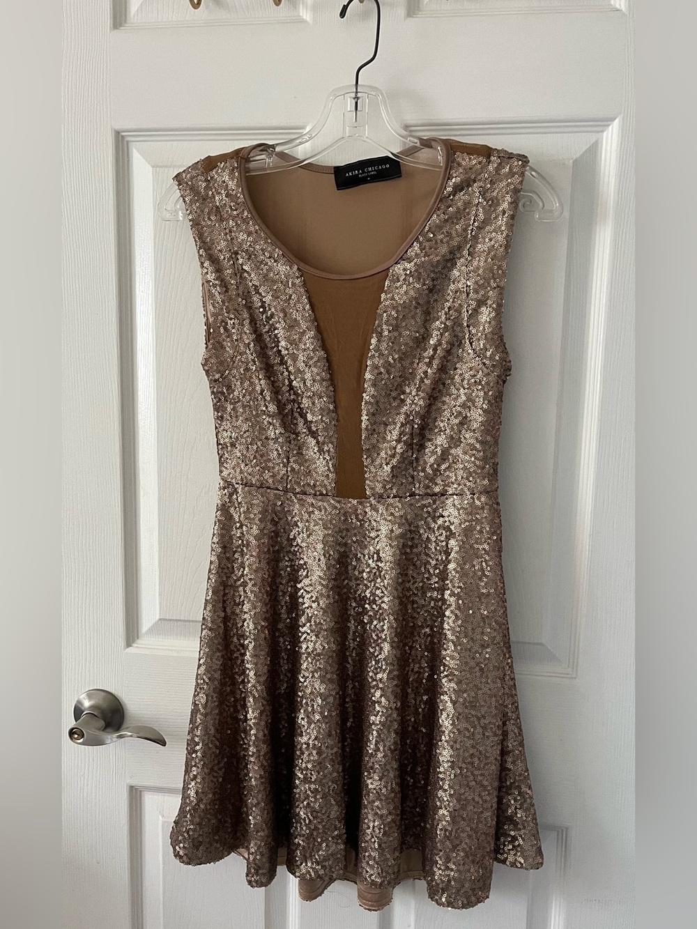AKIRA Rose Gold Sequin Mini Dress with Mesh Inset